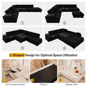 English Elm 110.2 L-Shaped Sectional with Ottoman Sleeper Corduroy Upholstery USB Charging Storage Black W3219S00040