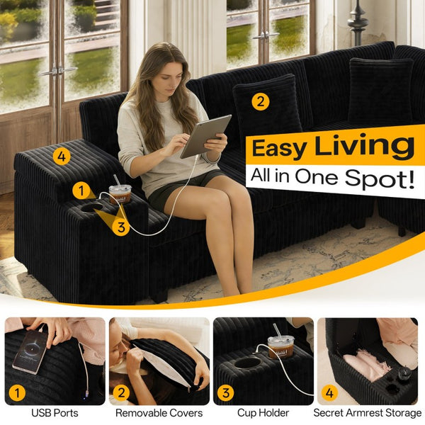 English Elm 110.2 L-Shaped Sectional with Ottoman Sleeper Corduroy Upholstery USB Charging Storage Black W3219S00040