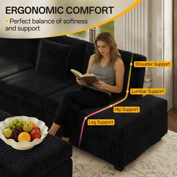 English Elm 110.2 L-Shaped Sectional with Ottoman Sleeper Corduroy Upholstery USB Charging Storage Black W3219S00040