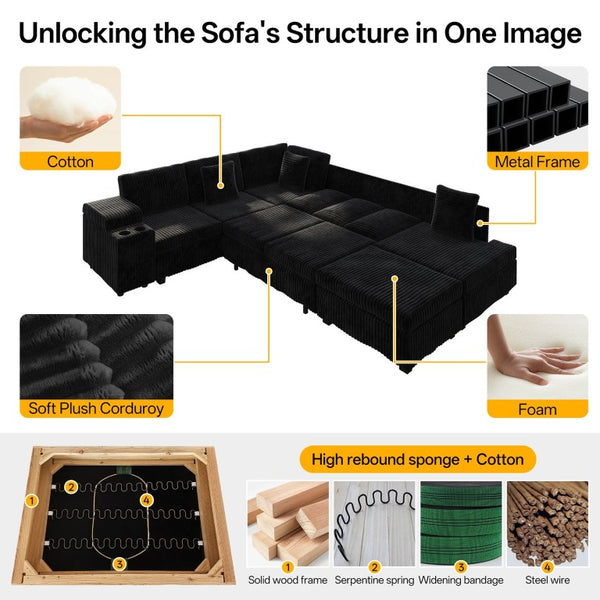 English Elm 110.2 L-Shaped Sectional with Ottoman Sleeper Corduroy Upholstery USB Charging Storage Black W3219S00040