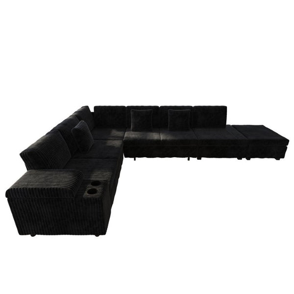 English Elm 110.2 L-Shaped Sectional with Ottoman Sleeper Corduroy Upholstery USB Charging Storage Black W3219S00040