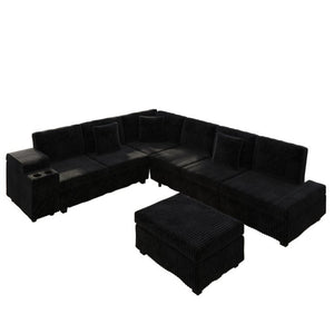 English Elm 110.2 L-Shaped Sectional with Ottoman Sleeper Corduroy Upholstery USB Charging Storage Black W3219S00040