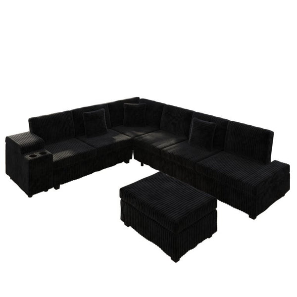 English Elm 110.2 L-Shaped Sectional with Ottoman Sleeper Corduroy Upholstery USB Charging Storage Black W3219S00040