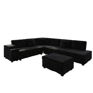 English Elm 110.2 L-Shaped Sectional with Ottoman Sleeper Corduroy Upholstery USB Charging Storage Black W3219S00040