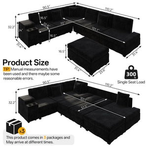 English Elm 110.2 L-Shaped Sectional with Ottoman Sleeper Corduroy Upholstery USB Charging Storage Black W3219S00040