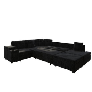 English Elm 110.2 L-Shaped Sectional with Ottoman Sleeper Corduroy Upholstery USB Charging Storage Black W3219S00040