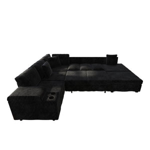 English Elm 110.2 L-Shaped Sectional with Ottoman Sleeper Corduroy Upholstery USB Charging Storage Black W3219S00040
