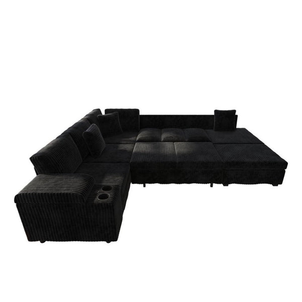 English Elm 110.2 L-Shaped Sectional with Ottoman Sleeper Corduroy Upholstery USB Charging Storage Black W3219S00040