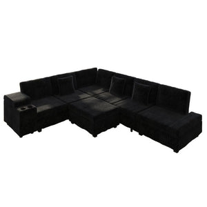 English Elm 110.2 L-Shaped Sectional with Ottoman Sleeper Corduroy Upholstery USB Charging Storage Black W3219S00040