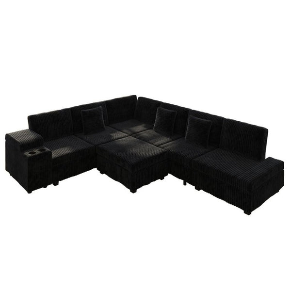 English Elm 110.2 L-Shaped Sectional with Ottoman Sleeper Corduroy Upholstery USB Charging Storage Black W3219S00040