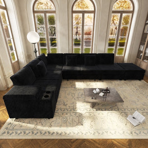 English Elm 110.2 L-Shaped Sectional with Ottoman Sleeper Corduroy Upholstery USB Charging Storage Black W3219S00040