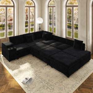 English Elm 110.2 L-Shaped Sectional with Ottoman Sleeper Corduroy Upholstery USB Charging Storage Black W3219S00040