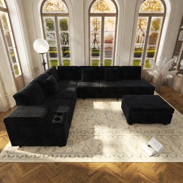 English Elm 110.2 L-Shaped Sectional with Ottoman Sleeper Corduroy Upholstery USB Charging Storage Black W3219S00040