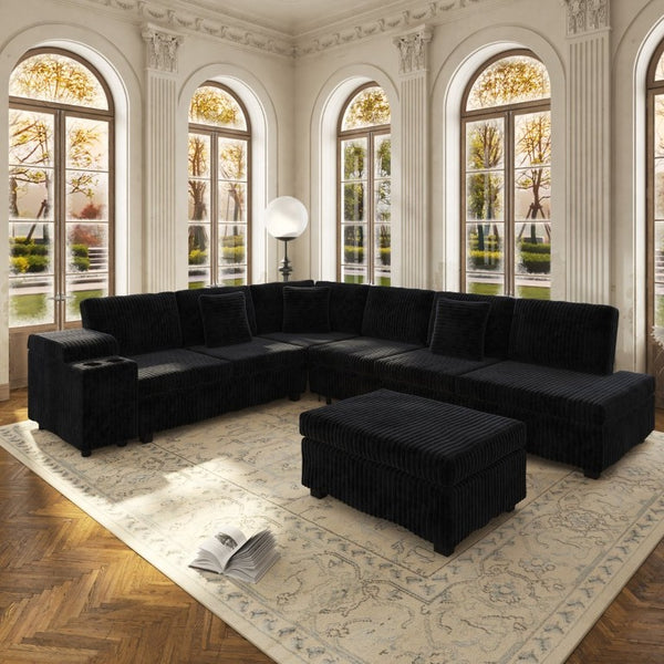 English Elm 110.2 L-Shaped Sectional with Ottoman Sleeper Corduroy Upholstery USB Charging Storage Black W3219S00040