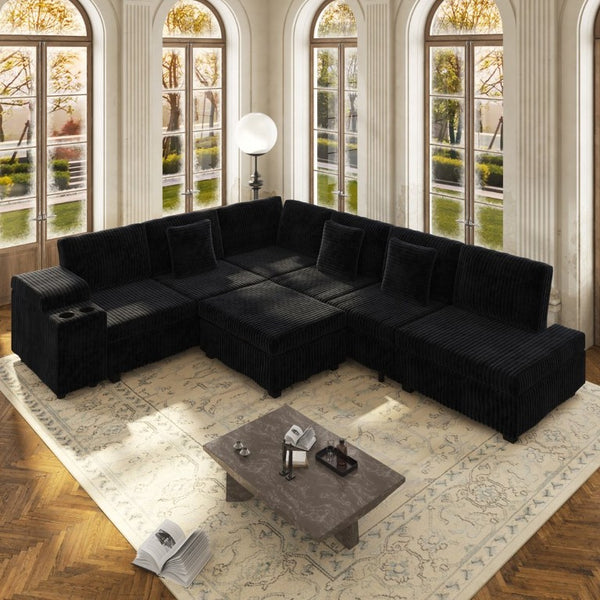 English Elm 110.2 L-Shaped Sectional with Ottoman Sleeper Corduroy Upholstery USB Charging Storage Black W3219S00040