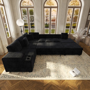 English Elm 110.2 L-Shaped Sectional with Ottoman Sleeper Corduroy Upholstery USB Charging Storage Black W3219S00040