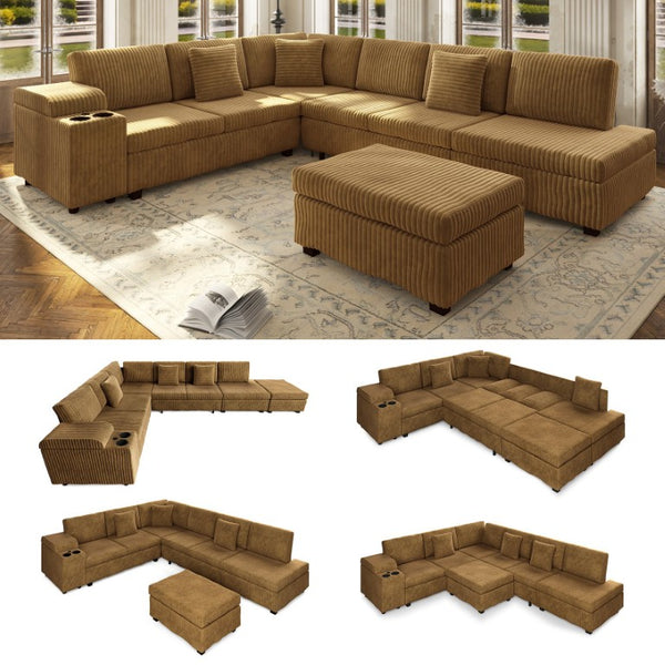 English Elm 110.2 L-Shaped Sectional with Ottoman Sleeper Corduroy Upholstery USB Charging Storage Camel W3219S00041