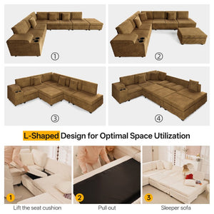 English Elm 110.2 L-Shaped Sectional with Ottoman Sleeper Corduroy Upholstery USB Charging Storage Camel W3219S00041