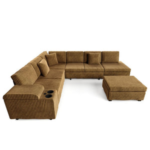 English Elm 110.2 L-Shaped Sectional with Ottoman Sleeper Corduroy Upholstery USB Charging Storage Camel W3219S00041