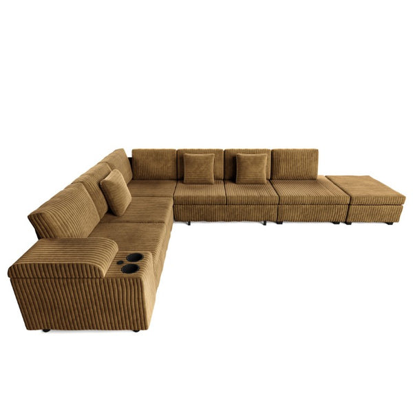 English Elm 110.2 L-Shaped Sectional with Ottoman Sleeper Corduroy Upholstery USB Charging Storage Camel W3219S00041