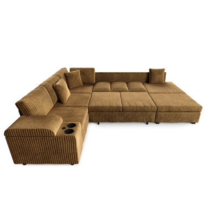 English Elm 110.2 L-Shaped Sectional with Ottoman Sleeper Corduroy Upholstery USB Charging Storage Camel W3219S00041