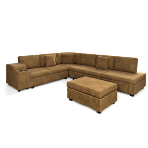 English Elm 110.2 L-Shaped Sectional with Ottoman Sleeper Corduroy Upholstery USB Charging Storage Camel W3219S00041