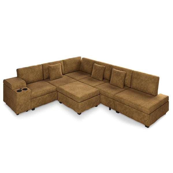 English Elm 110.2 L-Shaped Sectional with Ottoman Sleeper Corduroy Upholstery USB Charging Storage Camel W3219S00041