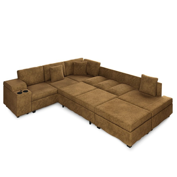 English Elm 110.2 L-Shaped Sectional with Ottoman Sleeper Corduroy Upholstery USB Charging Storage Camel W3219S00041