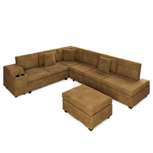 English Elm 110.2 L-Shaped Sectional with Ottoman Sleeper Corduroy Upholstery USB Charging Storage Camel W3219S00041