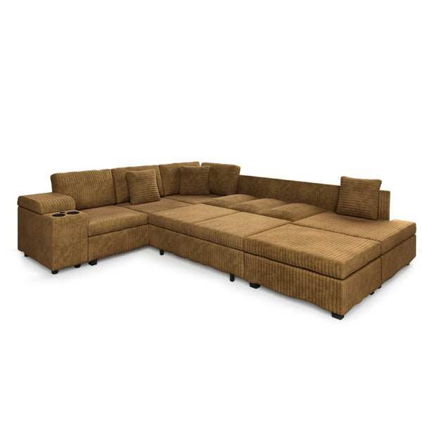English Elm 110.2 L-Shaped Sectional with Ottoman Sleeper Corduroy Upholstery USB Charging Storage Camel W3219S00041
