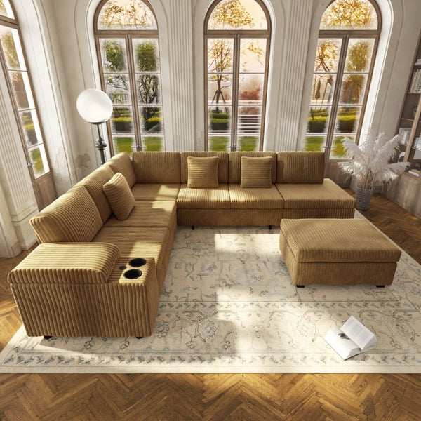 English Elm 110.2 L-Shaped Sectional with Ottoman Sleeper Corduroy Upholstery USB Charging Storage Camel W3219S00041