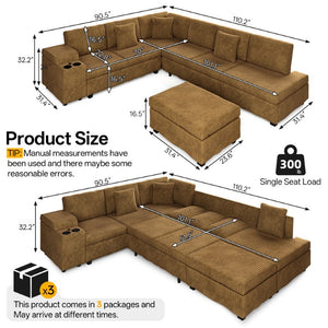 English Elm 110.2 L-Shaped Sectional with Ottoman Sleeper Corduroy Upholstery USB Charging Storage Camel W3219S00041