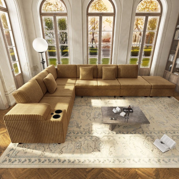 English Elm 110.2 L-Shaped Sectional with Ottoman Sleeper Corduroy Upholstery USB Charging Storage Camel W3219S00041