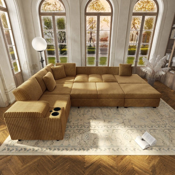 English Elm 110.2 L-Shaped Sectional with Ottoman Sleeper Corduroy Upholstery USB Charging Storage Camel W3219S00041