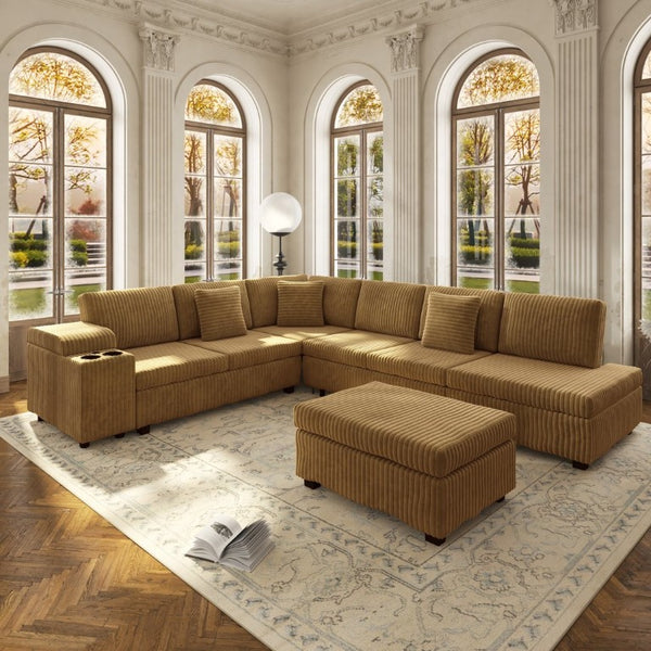 English Elm 110.2 L-Shaped Sectional with Ottoman Sleeper Corduroy Upholstery USB Charging Storage Camel W3219S00041