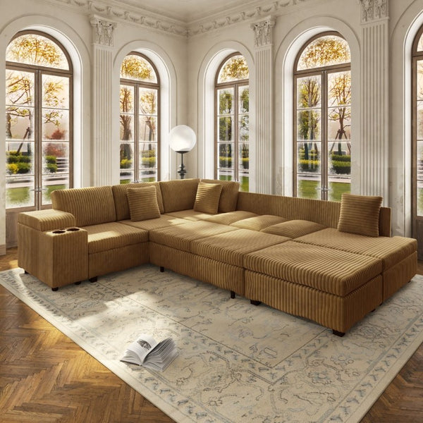 English Elm 110.2 L-Shaped Sectional with Ottoman Sleeper Corduroy Upholstery USB Charging Storage Camel W3219S00041