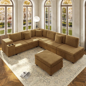 English Elm 110.2 L-Shaped Sectional with Ottoman Sleeper Corduroy Upholstery USB Charging Storage Camel W3219S00041