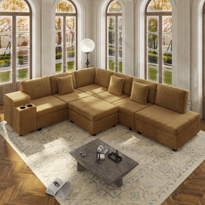 English Elm 110.2 L-Shaped Sectional with Ottoman Sleeper Corduroy Upholstery USB Charging Storage Camel W3219S00041