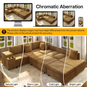 English Elm 110.2 L-Shaped Sectional with Ottoman Sleeper Corduroy Upholstery USB Charging Storage Camel W3219S00041