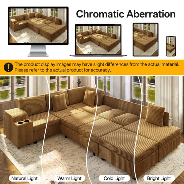 English Elm 110.2 L-Shaped Sectional with Ottoman Sleeper Corduroy Upholstery USB Charging Storage Camel W3219S00041
