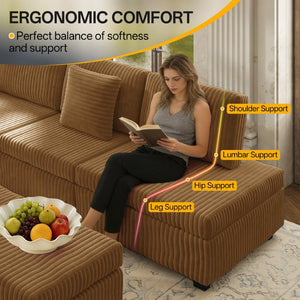 English Elm 110.2 L-Shaped Sectional with Ottoman Sleeper Corduroy Upholstery USB Charging Storage Camel W3219S00041