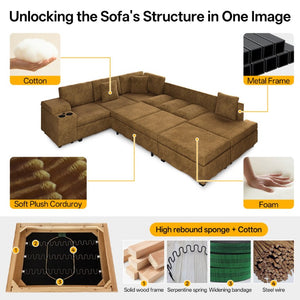 English Elm 110.2 L-Shaped Sectional with Ottoman Sleeper Corduroy Upholstery USB Charging Storage Camel W3219S00041