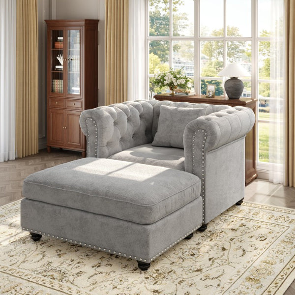 English Elm 38.5 Inch Chesterfield Chenille Sectional Sofa Nailhead Tufted Deep Seat Living Room Light Grey With Storage Ottoman W3219S00042