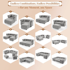 English Elm 38.5 Inch Chesterfield Chenille Sectional Sofa Nailhead Tufted Deep Seat Living Room Light Grey With Storage Ottoman W3219S00042