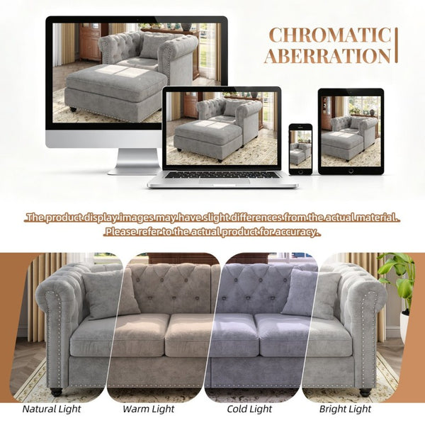 English Elm 38.5 Inch Chesterfield Chenille Sectional Sofa Nailhead Tufted Deep Seat Living Room Light Grey With Storage Ottoman W3219S00042