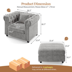 English Elm 38.5 Inch Chesterfield Chenille Sectional Sofa Nailhead Tufted Deep Seat Living Room Light Grey With Storage Ottoman W3219S00042