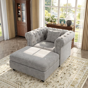 English Elm 38.5 Inch Chesterfield Chenille Sectional Sofa Nailhead Tufted Deep Seat Living Room Light Grey With Storage Ottoman W3219S00042