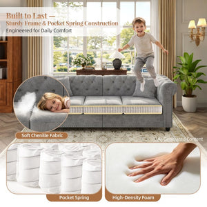English Elm 38.5 Inch Chesterfield Chenille Sectional Sofa Nailhead Tufted Deep Seat Living Room Light Grey With Storage Ottoman W3219S00042