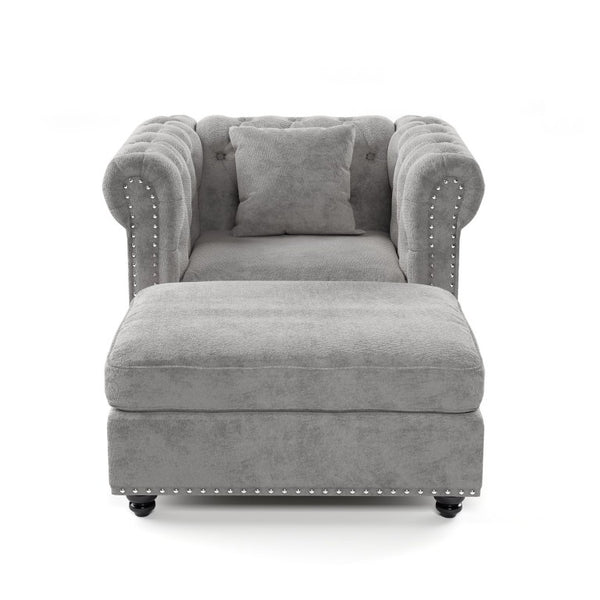 English Elm 38.5 Inch Chesterfield Chenille Sectional Sofa Nailhead Tufted Deep Seat Living Room Light Grey With Storage Ottoman W3219S00042