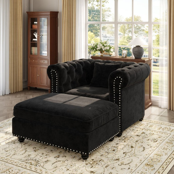 English Elm 38.5 Inch Chesterfield Chenille Sectional Sofa Nailhead Tufted Deep Seat Living Room Black With Storage Ottoman W3219S00043